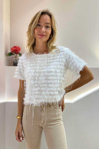 Frayed Textured White Top with Sequin details